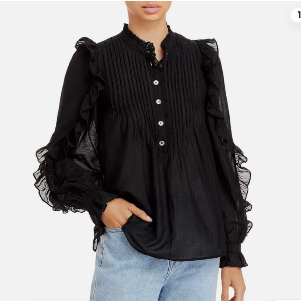 Zadig & Voltaire  Navy Cotton Pleated Ruffle Button Blouse